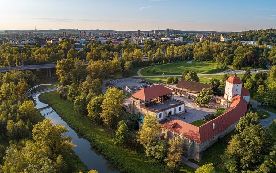 Ostrava: Entrance to Silesian Ostrava Castle - The courtyard, fortress, and tower