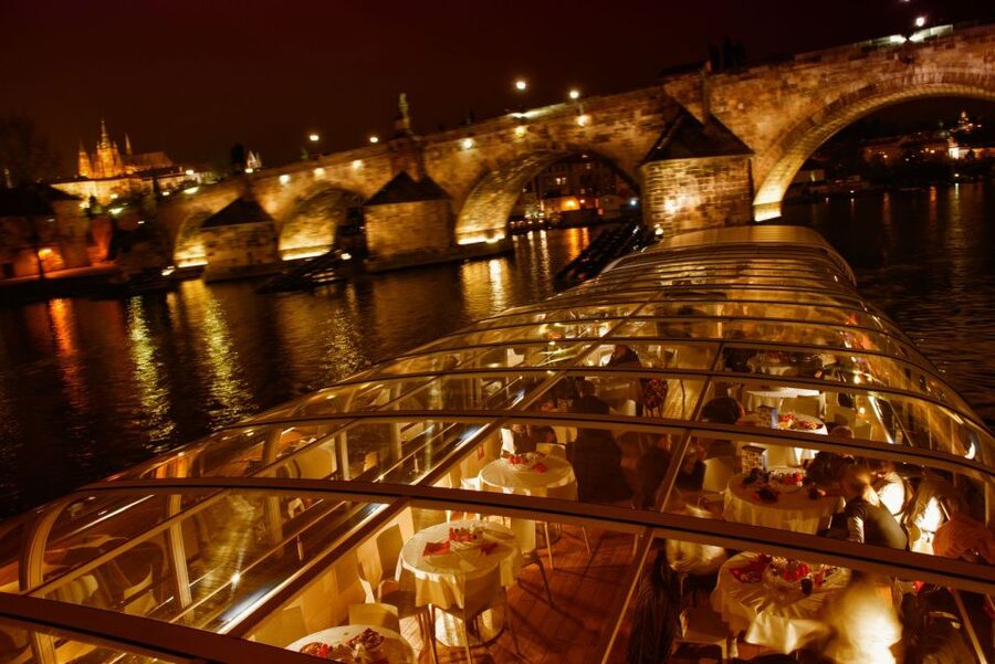 Prague: Sightseeing Dinner Cruise on Open-Top Glass Boat - Petrin Hill and Old Town after dark