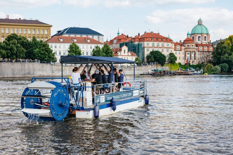 Prague: Swimming Beer Bike on A Cycle Boat - From the National Theatre toward the city’s bridges